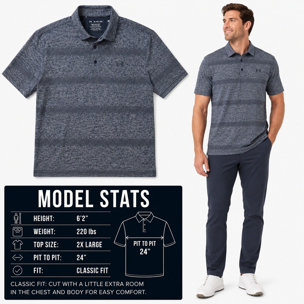 Under Armour Mens Playoff Polo Shirt 2XL Blue Gray Heather Striped HeatGear 875‎